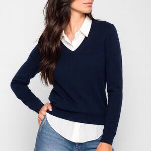 Black Goat 100% Cashmere Sweater V Neck Pullover Soft Navy Blue Small